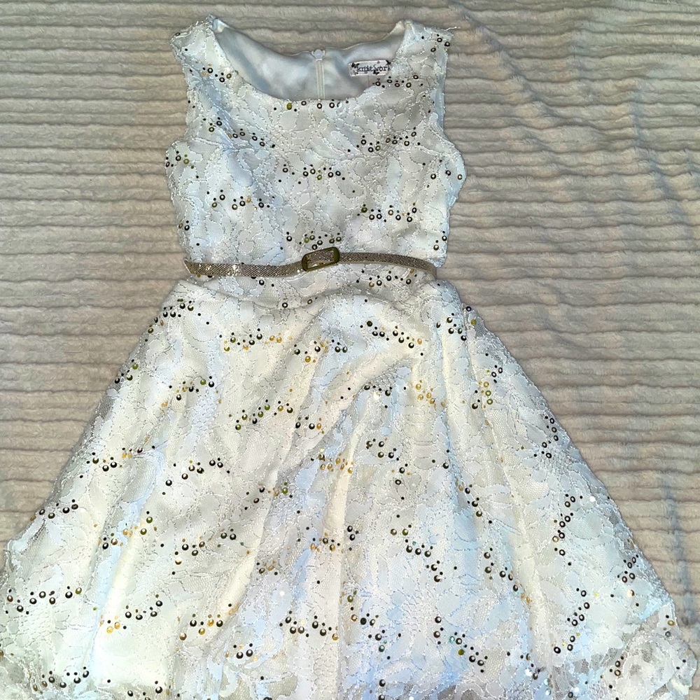 White and gold sequin dress with gold belt
